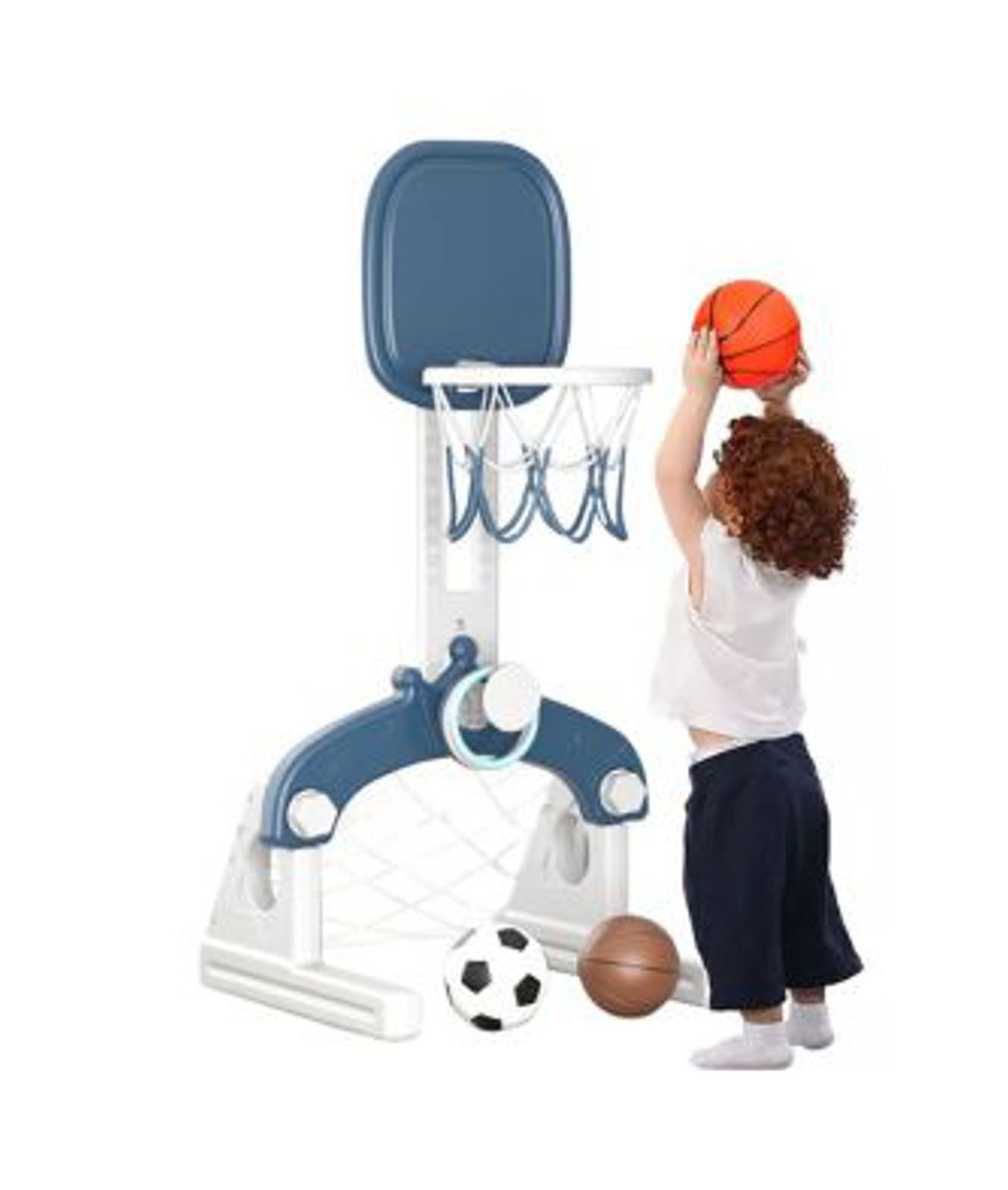 Lil' Skelms Kids 3in1 Blue Basketball Hoop, Rings, Soccer Goal Frame & Ball