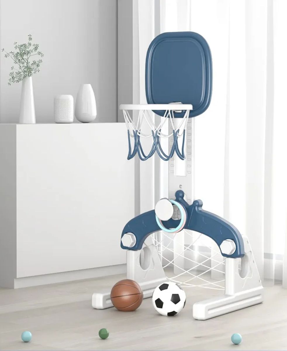Lil' Skelms Kids 3in1 Blue Basketball Hoop, Rings, Soccer Goal Frame & Ball
