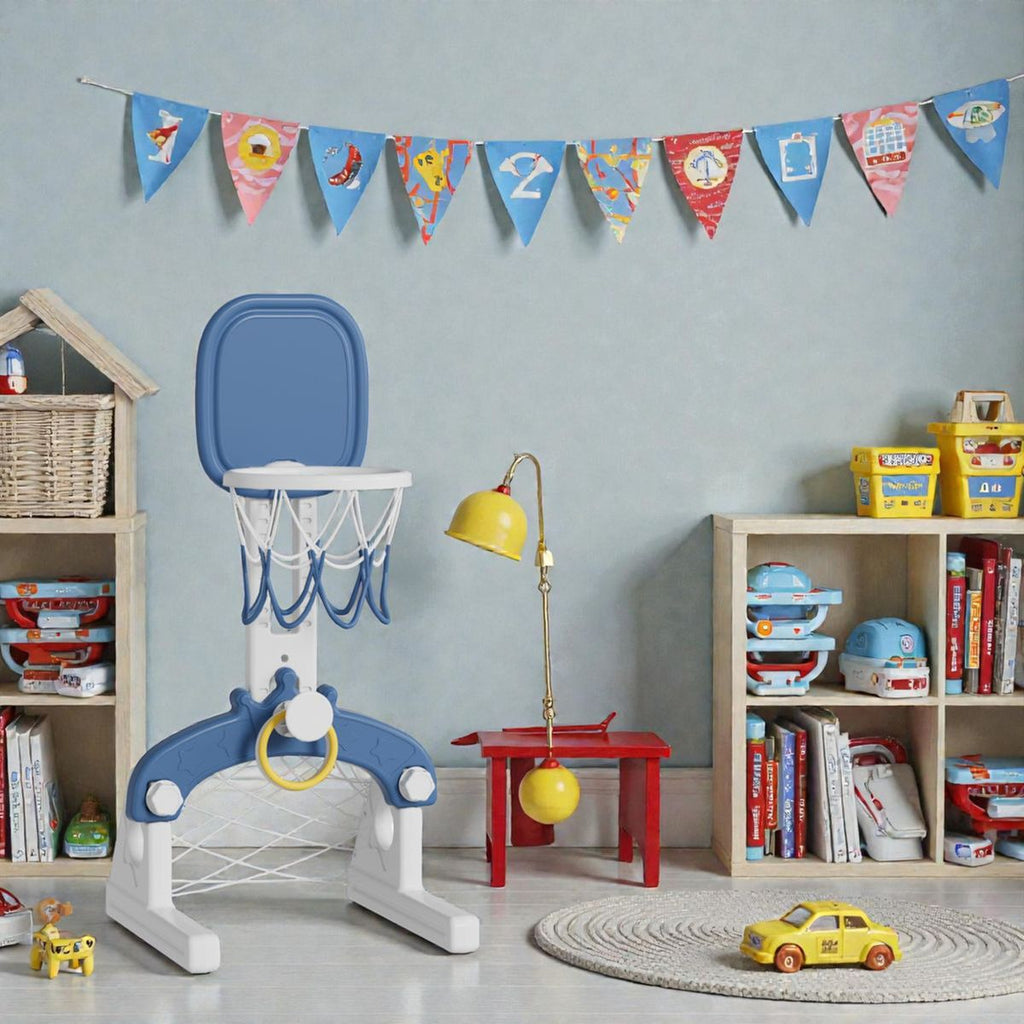 Lil' Skelms Kids 3in1 Blue Basketball Hoop, Rings, Soccer Goal Frame & Ball
