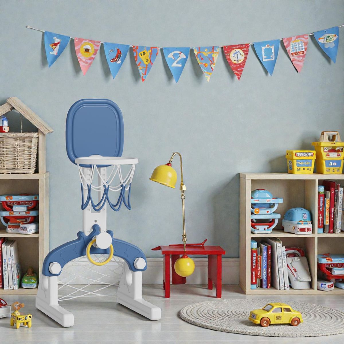 Lil' Skelms Kids 3in1 Blue Basketball Hoop, Rings, Soccer Goal Frame & Ball