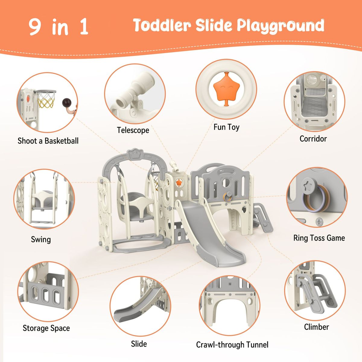 Lil' Skelms 9in1 Toddlers Fully Elevated Slide, Swing, Hoop Playset
