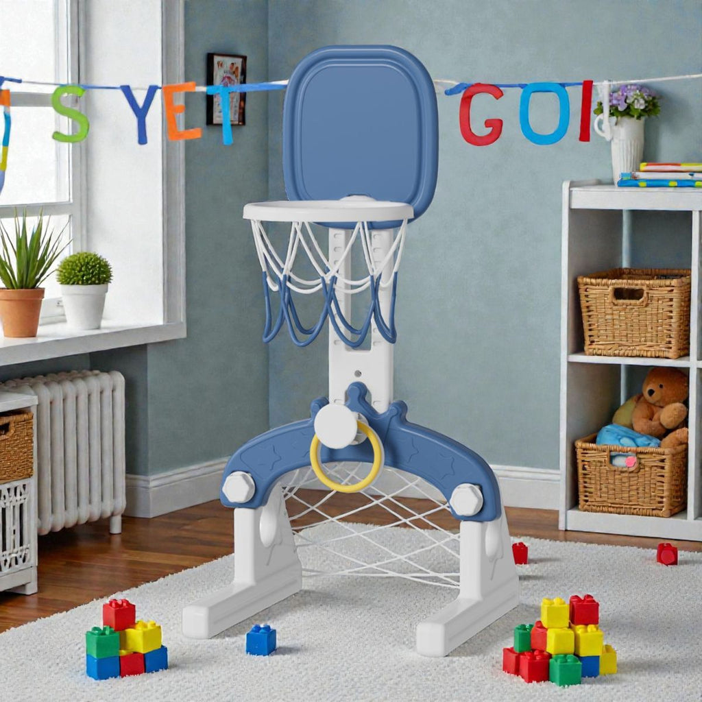 Lil' Skelms Kids 3in1 Blue Basketball Hoop, Rings, Soccer Goal Frame & Ball